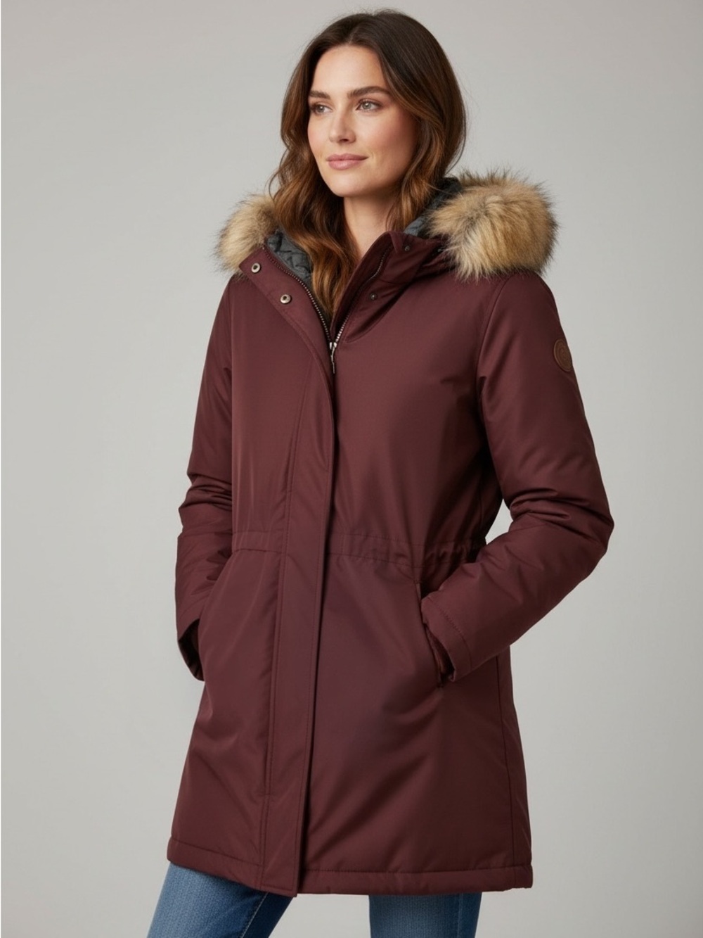 Women's Faux-Fur Trim Long Puffer Coat in Burgundy